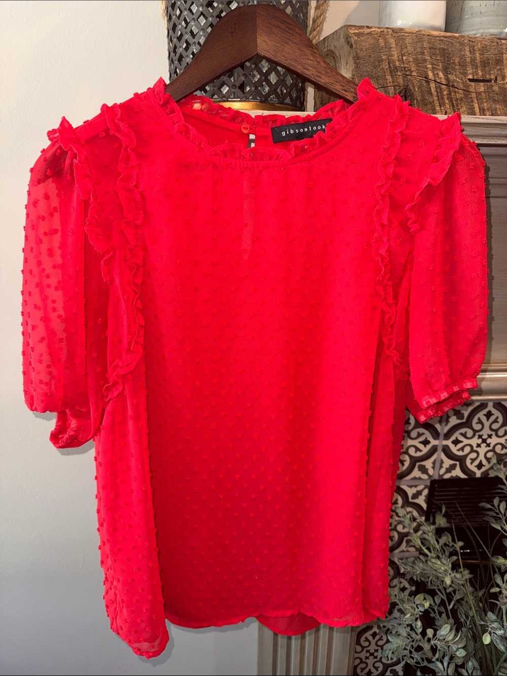 GibsonLook Women's Red Ruffle Swiss Dot Blouse